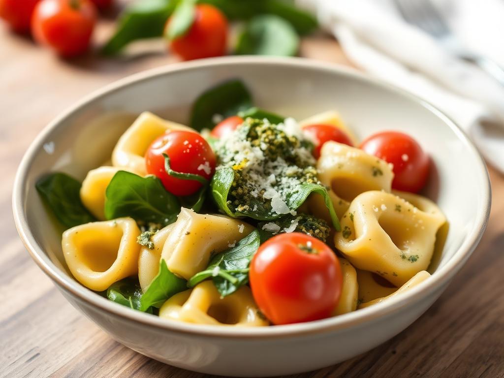Pesto tortellini with spinach and grated parmesan